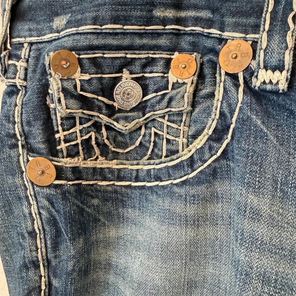 True Religion Joey Super T Mens Blue Denim Cut Off Shorts Size 38 Made in USA
